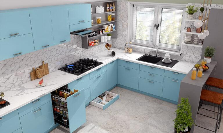 Pale blue and white elegant kitchen interior with marble countertop
