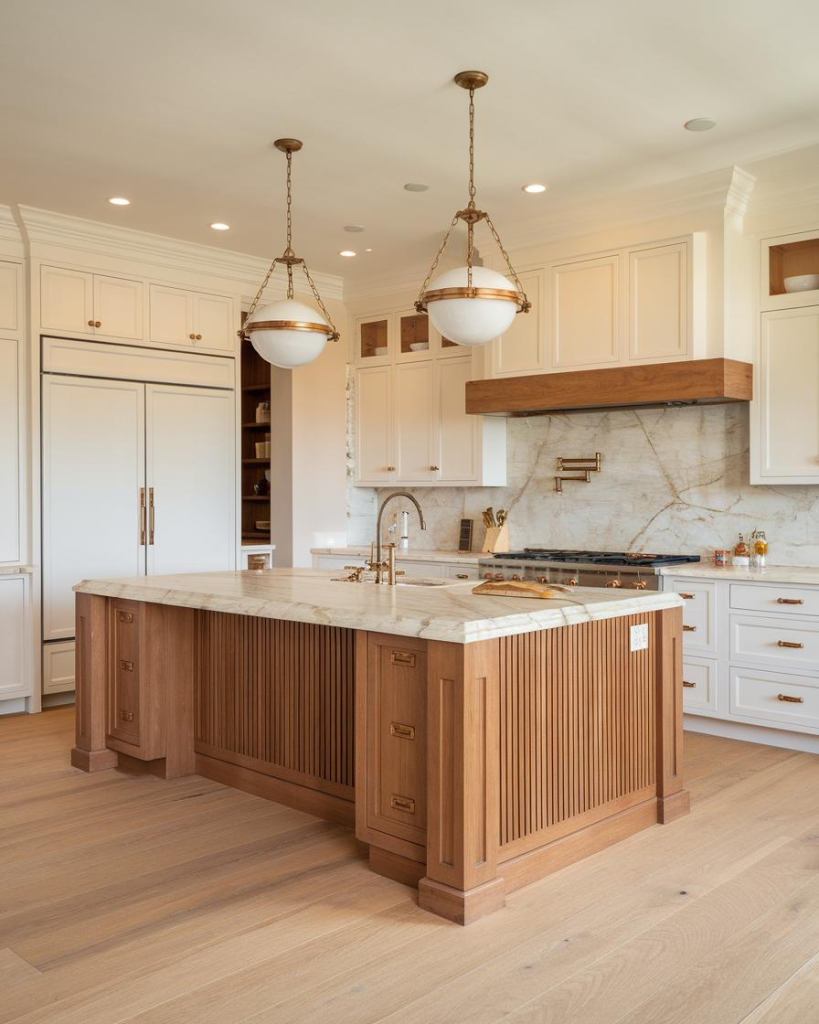 Warm white and natural wood kitchen interior with minimalist luxury design