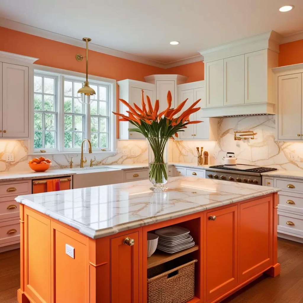 Orange and off-white modern kitchen interior