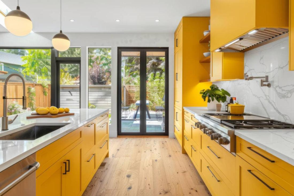 Bright yellow and white luxury kitchen interior