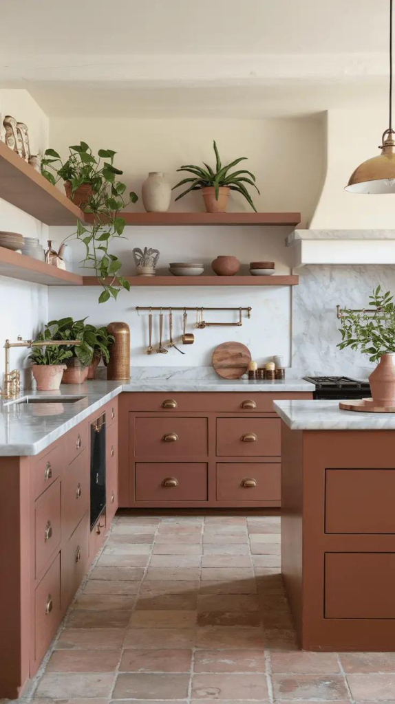 Terracotta and off-white modern kitchen interior with warm earthy tones