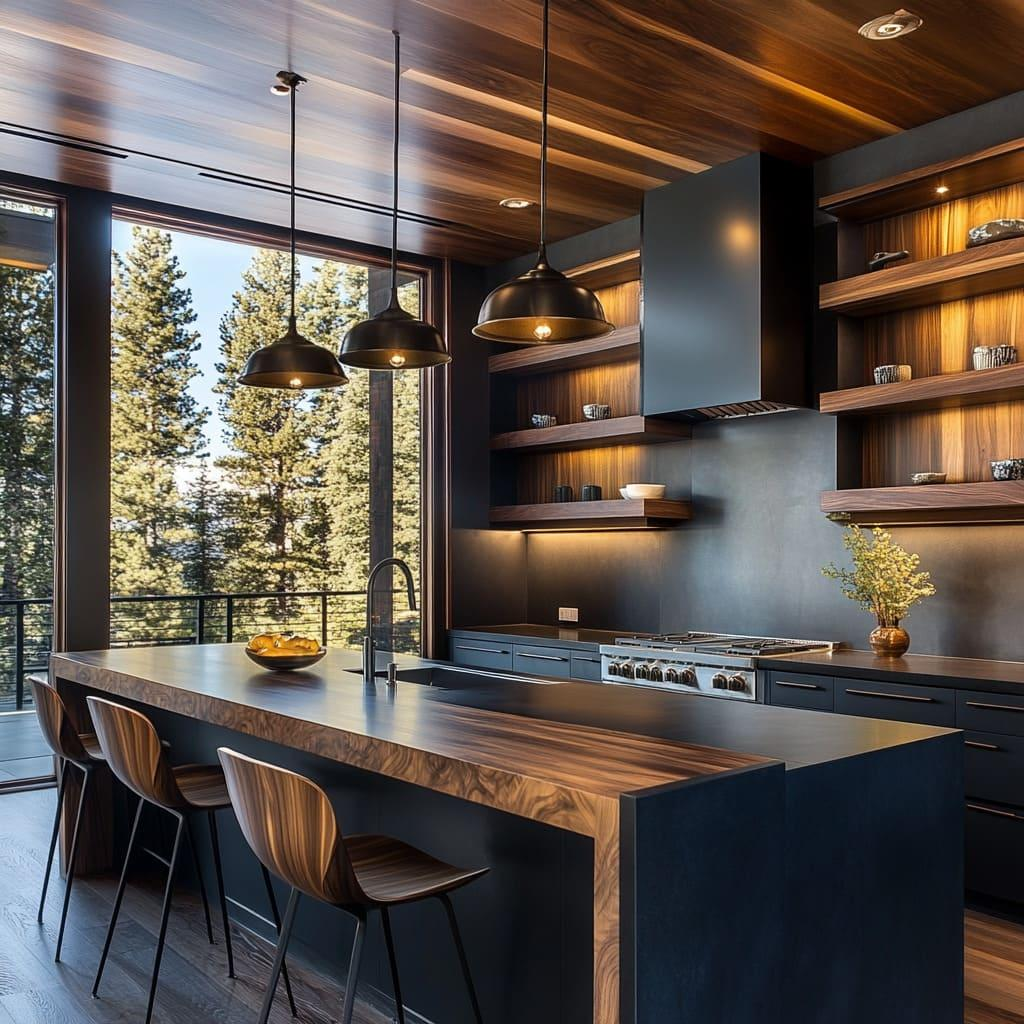 Charcoal and warm wood luxury kitchen with modern cabinetry and island