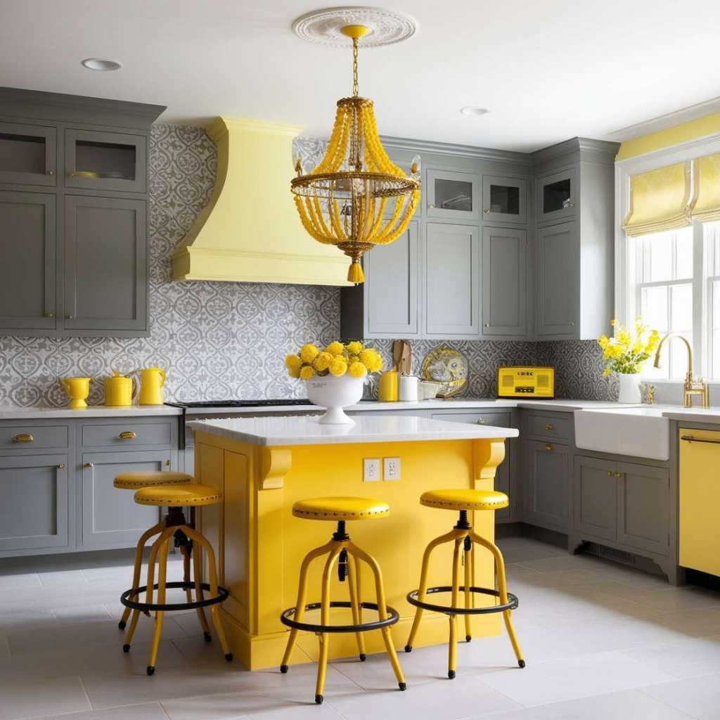 Lemon yellow and pale grey modern kitchen interior