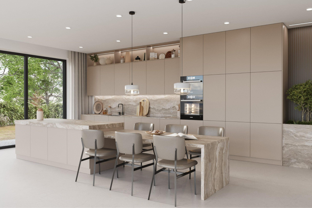 Pale beige and ivory luxury kitchen interior with elegant cabinetry