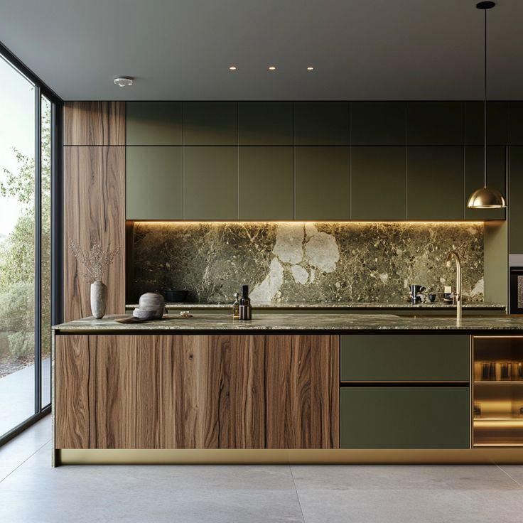 Olive green and walnut kitchen interior with luxury cabinetry and marble countertop