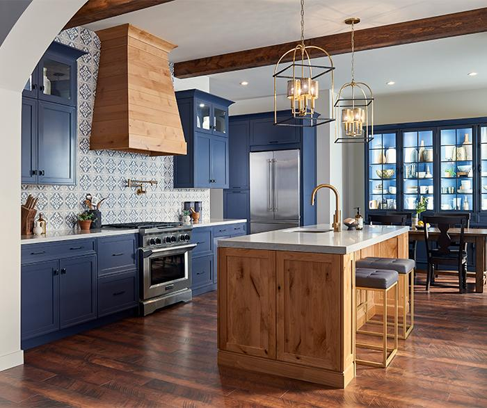 Royal blue and natural wood luxury kitchen interior