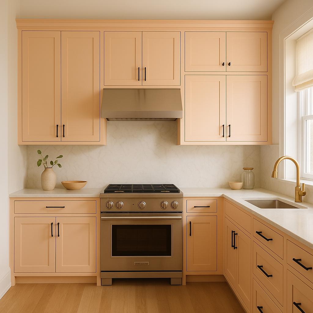Soft peach and warm white modern kitchen interior
