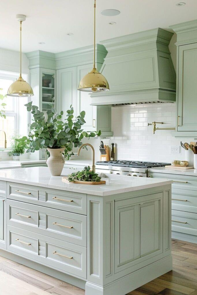 Sage green and cream luxury kitchen interior with elegant cabinetry