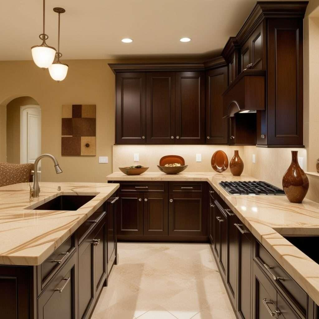 Cream and coffee brown luxury kitchen interior with elegant wooden cabinetry