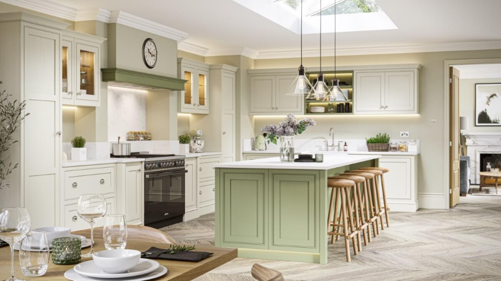 Bright green and cream modern kitchen interior