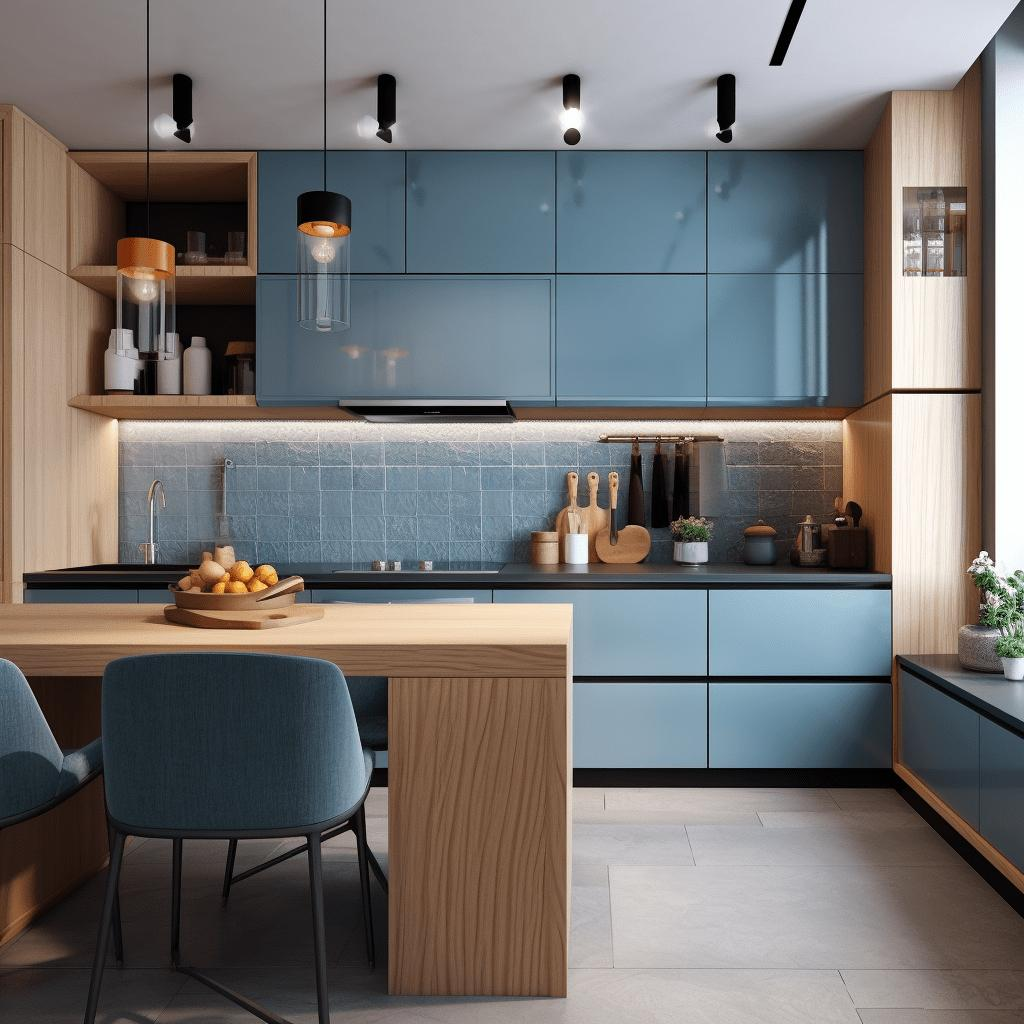 Dusty blue and light oak modern kitchen interior with elegant cabinetry