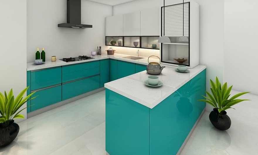 Turquoise and white contemporary kitchen interior