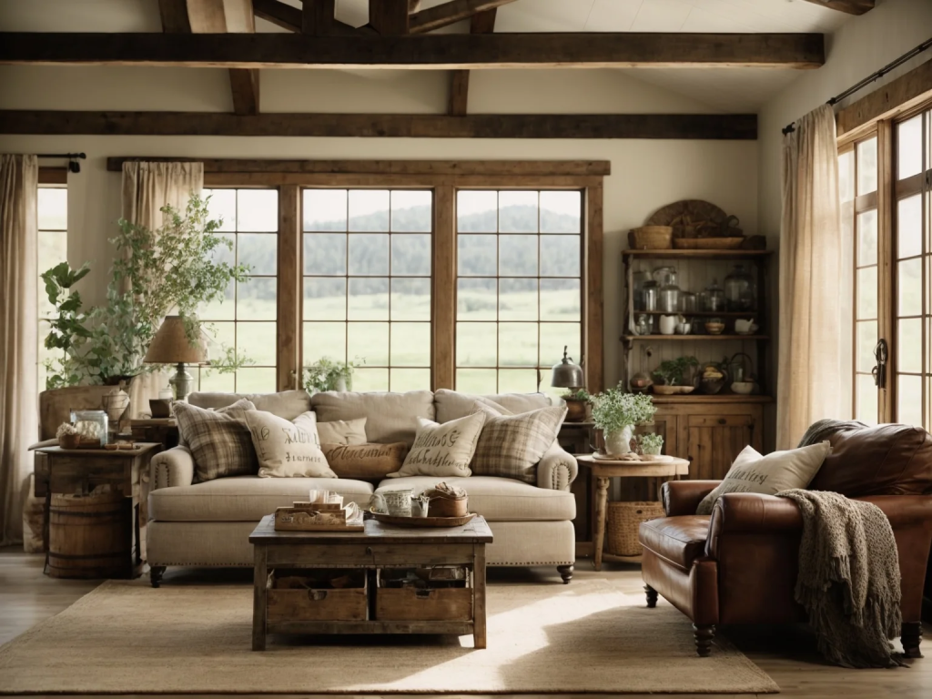 Rustic farmhouse living room with solid wood and cane furniture