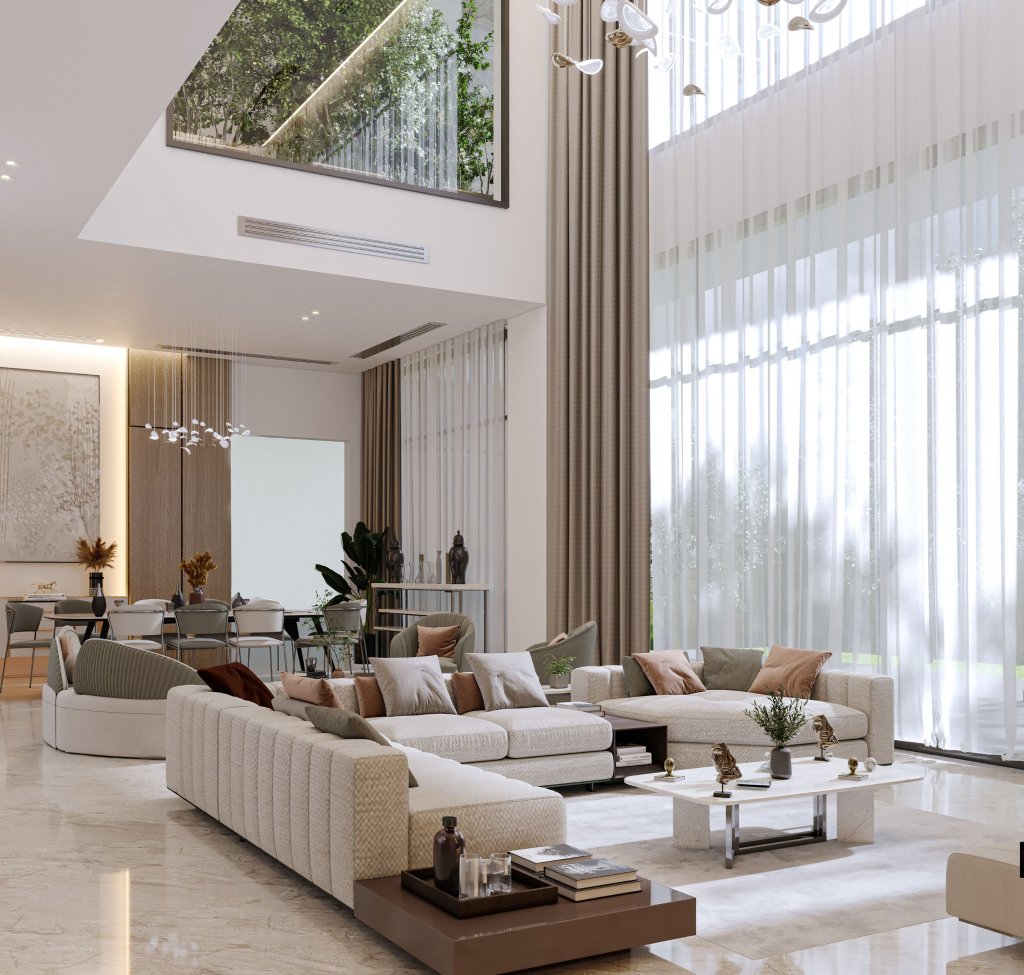 Duplex living room with high ceiling and proportionate furniture design