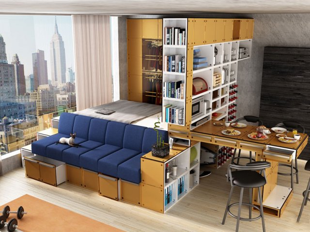 Multifunctional furniture setup in a small studio apartment living space