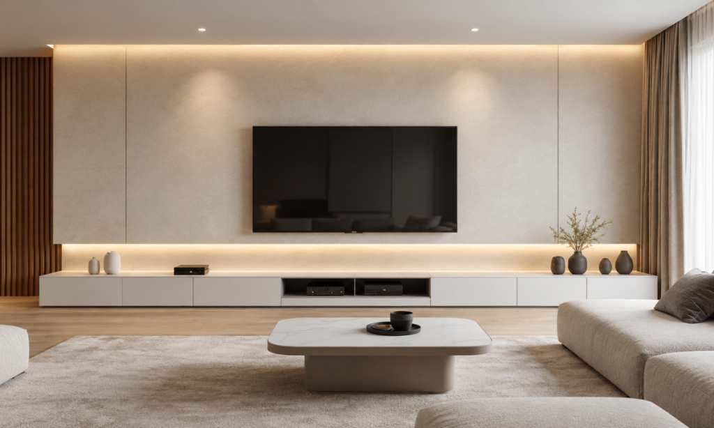 Large TV mounted on a balanced modern TV wall