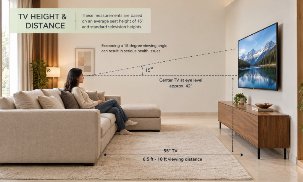 TV positioned at a comfortable viewing height opposite a sofa