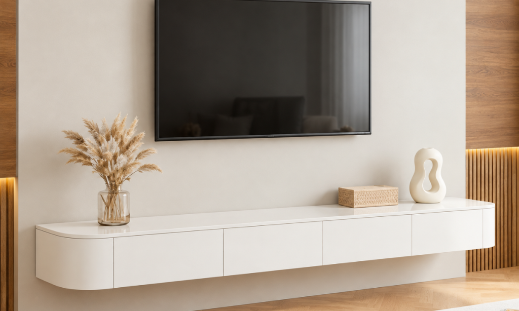 Floating TV console in a contemporary living room