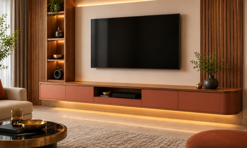 Modern wooden TV unit with warm walnut finish in a luxury living room