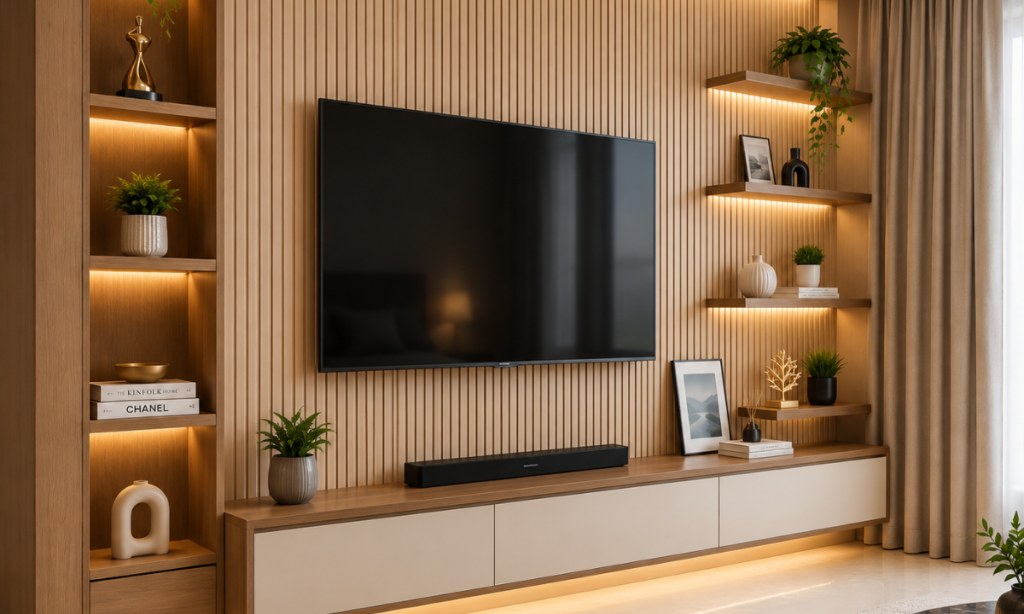 Fluted wood panel TV wall with floating console in contemporary living room