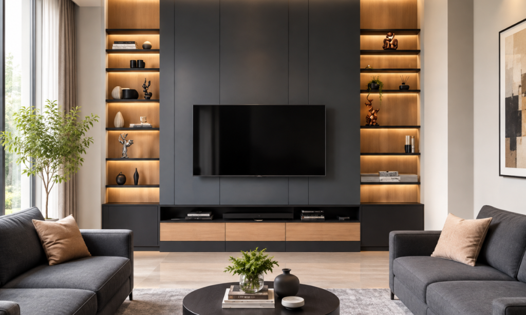 Full-height TV unit with storage and display niches in modern living room