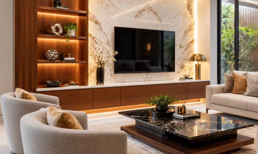 Marble and walnut wood TV wall in a luxury modern living room