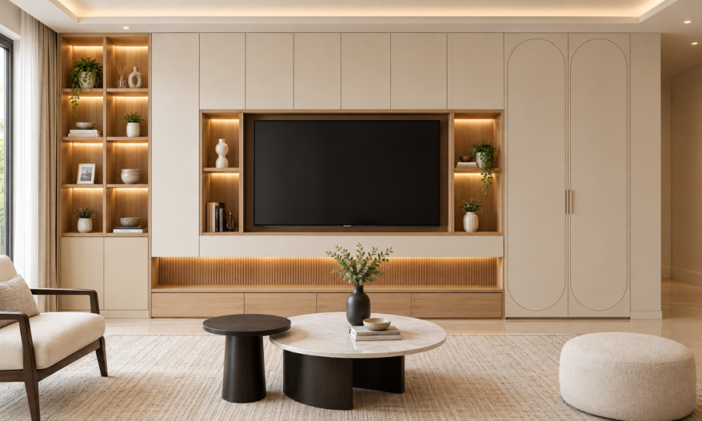 Minimalist TV wall with concealed cabinets in a modern living room