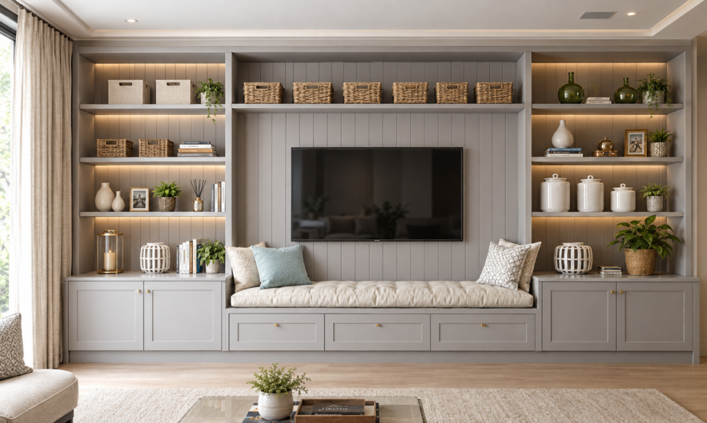 Modern TV unit with concealed cabinets and open display niches