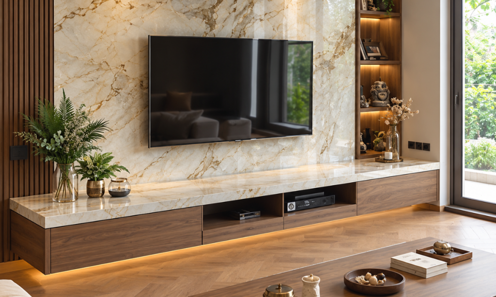 Luxury TV wall combining wood and textured materials