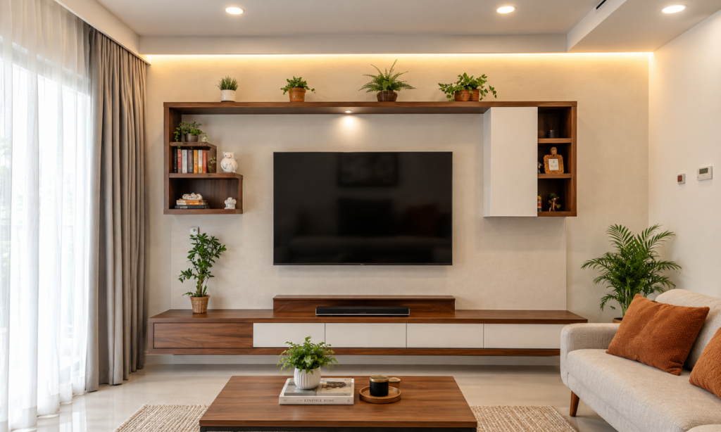 Modern living room with a proportionally designed TV unit