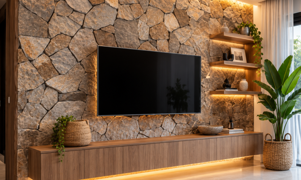 Textured stone TV wall in a contemporary luxury living room