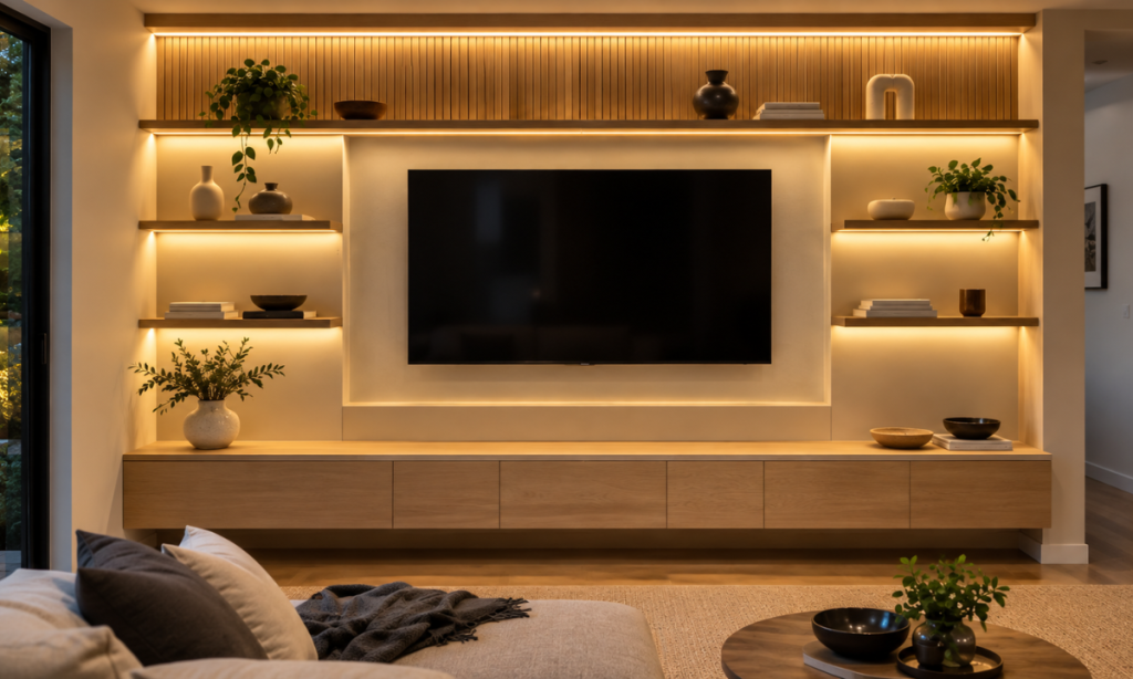 Modern TV unit with open display niches and concealed storage