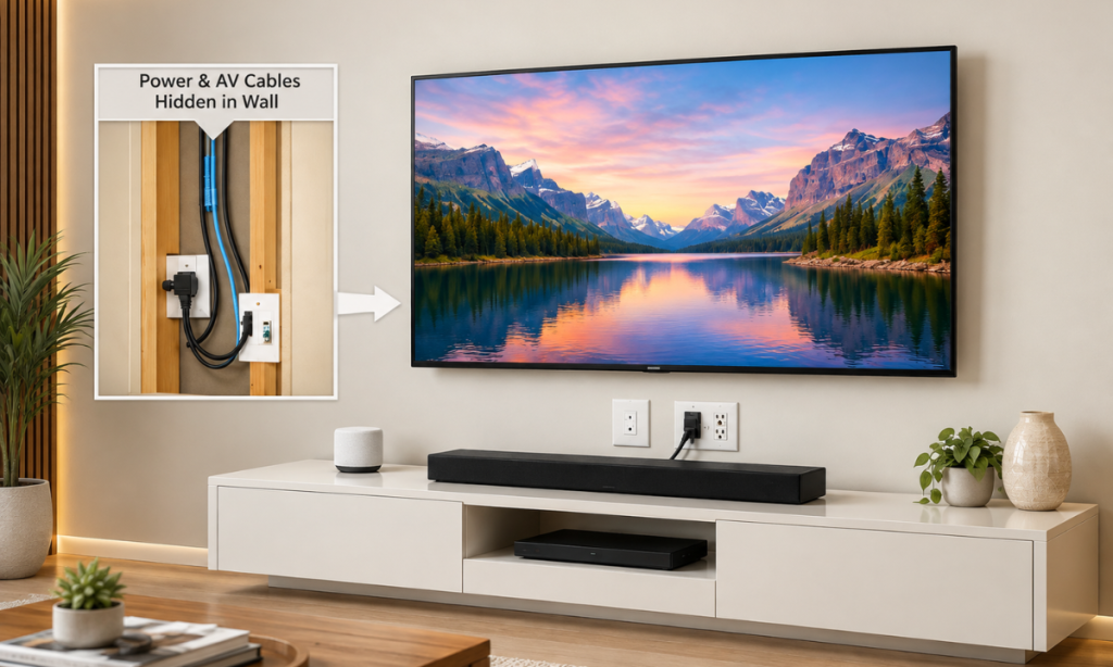 Wall-mounted TV with concealed cable management