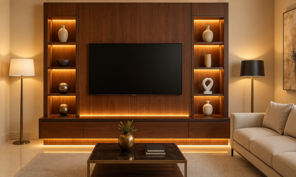 Modern TV unit enhanced with subtle warm ambient lighting