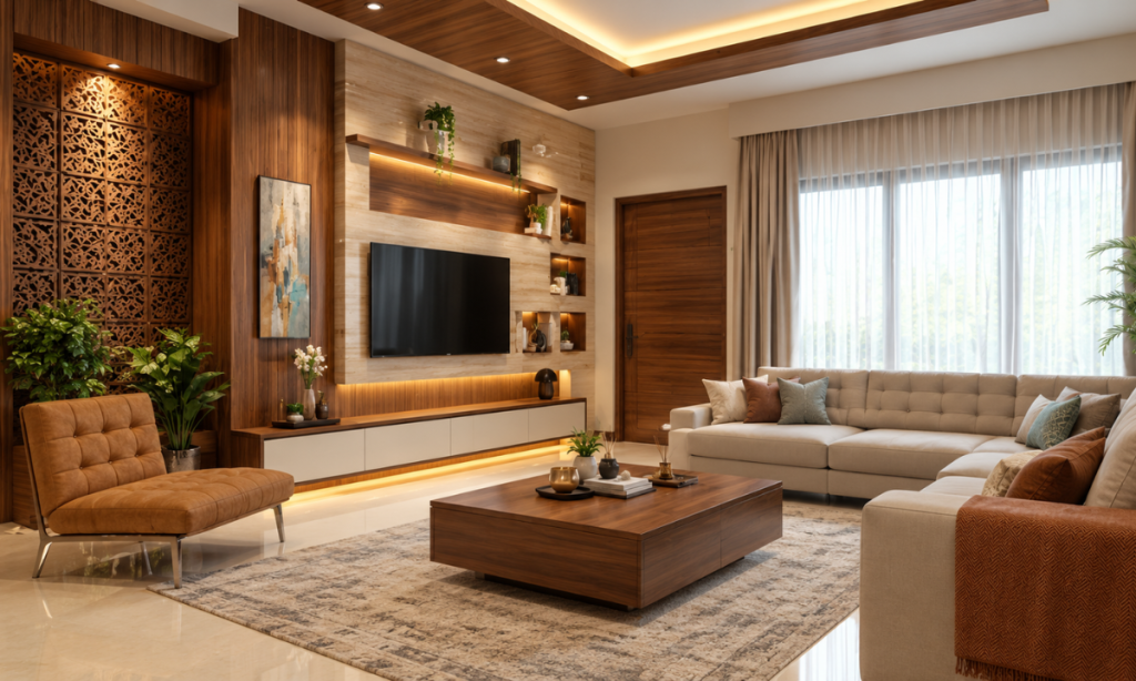 Modern wooden TV unit with warm walnut finish in a luxury living room