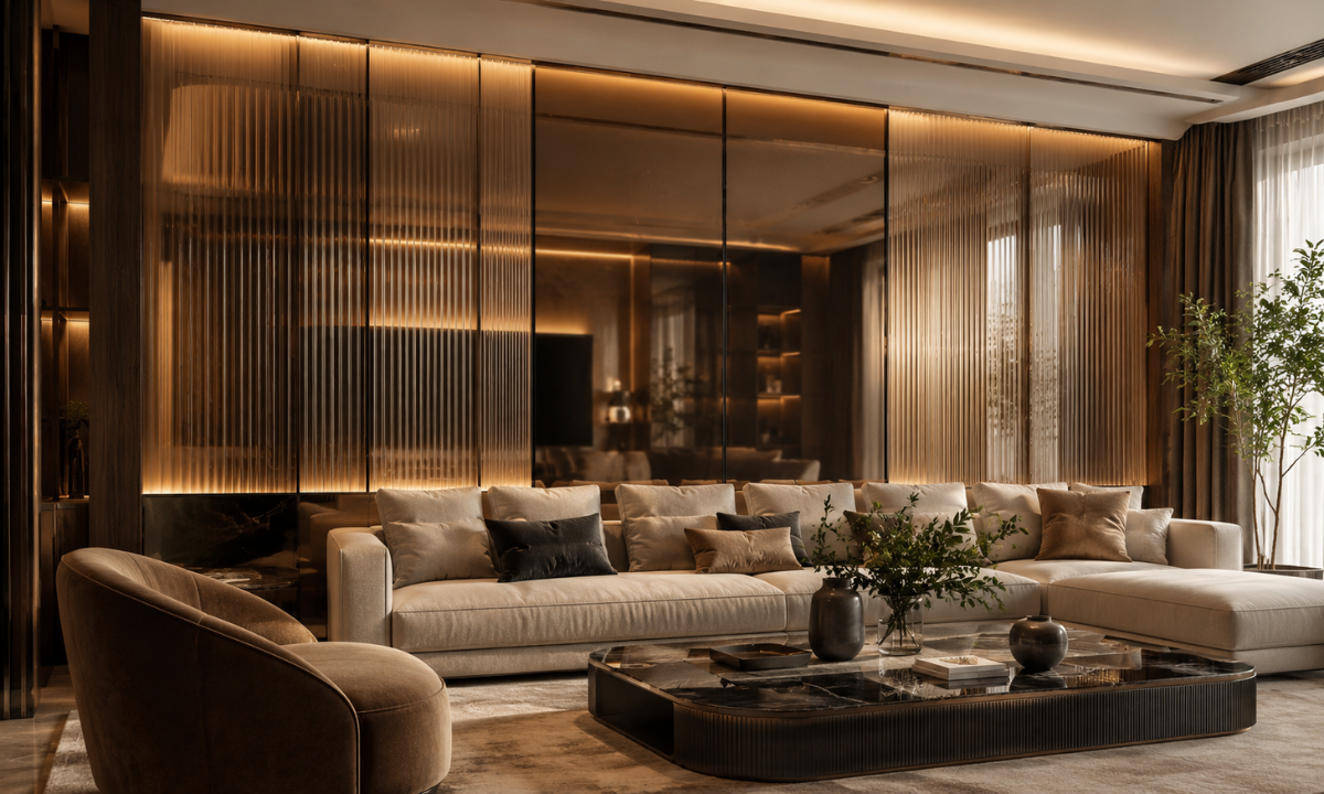 Backlit Mirror & Fluted Glass Wall
