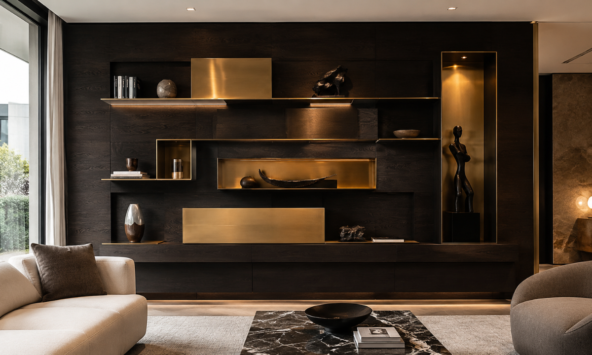 Brass & Smoked Oak Display Wall