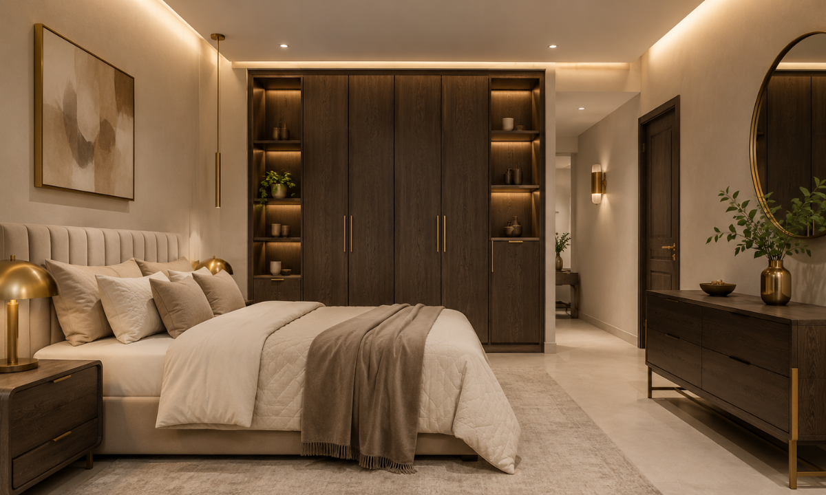 Warm Champagne Ivory, Smoked Oak & Brass