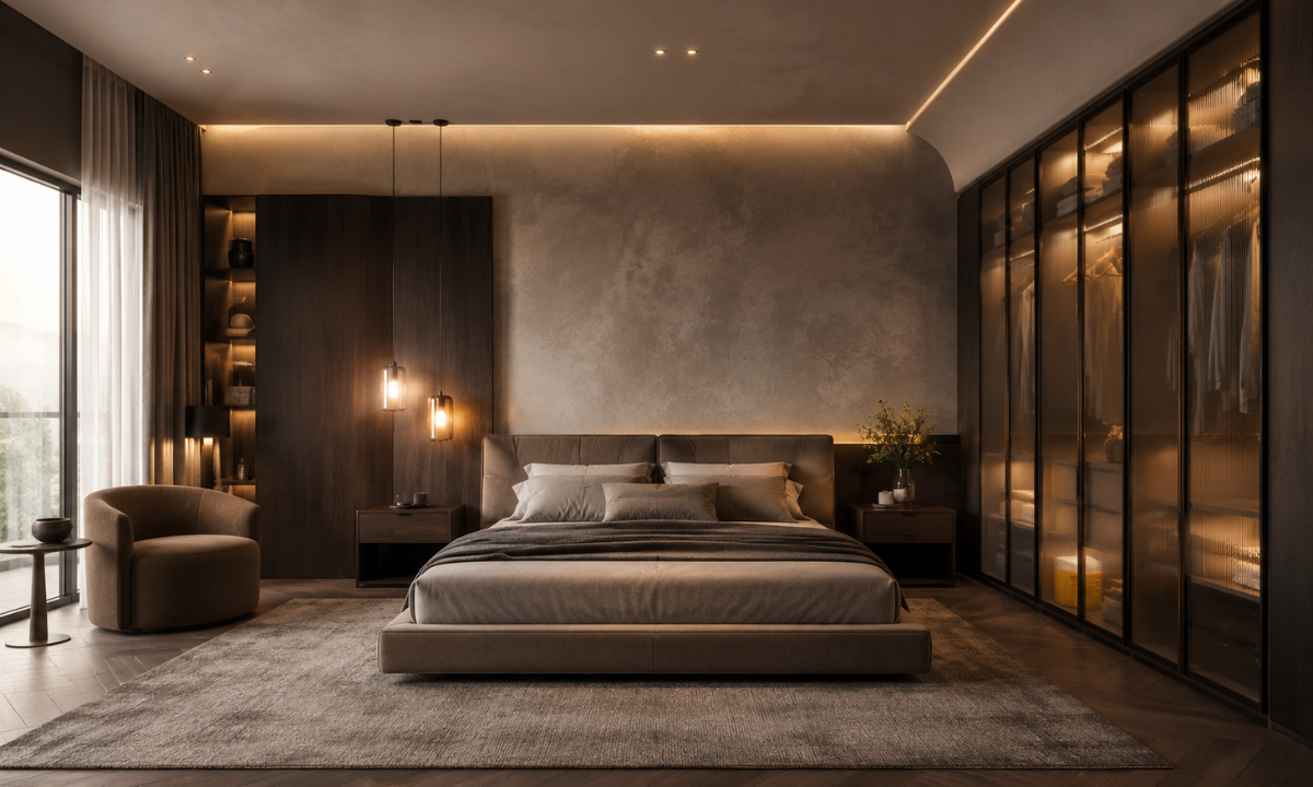 Warm Taupe, Espresso Wood & Amber Glass