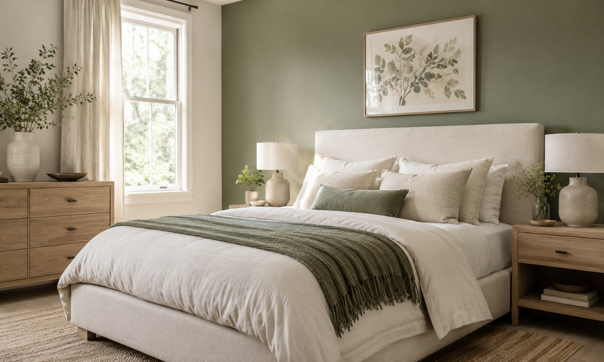 Sage Green, Cream Linen & Ash Wood