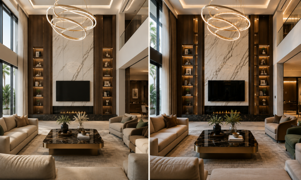 Comparing 3D interior renders with completed real spaces