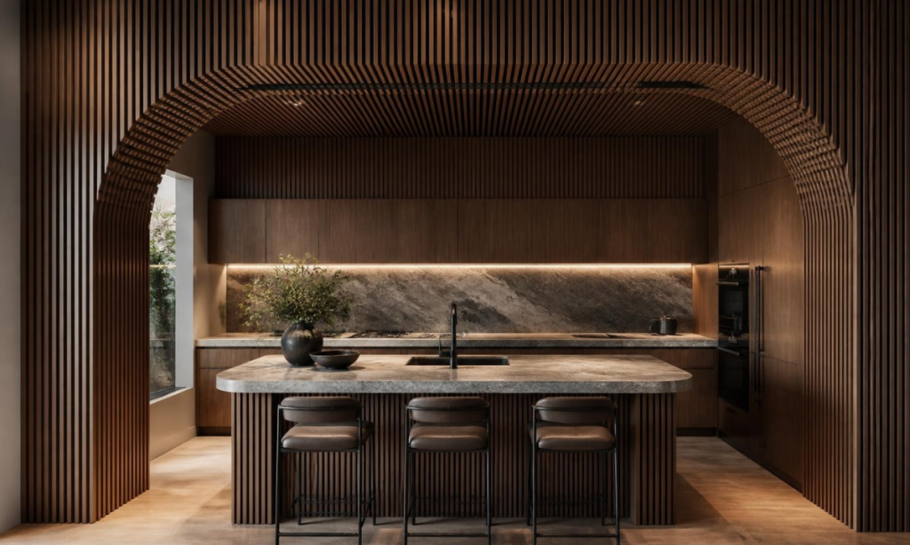 Fluted timber slat arch with concealed magnetic tracks