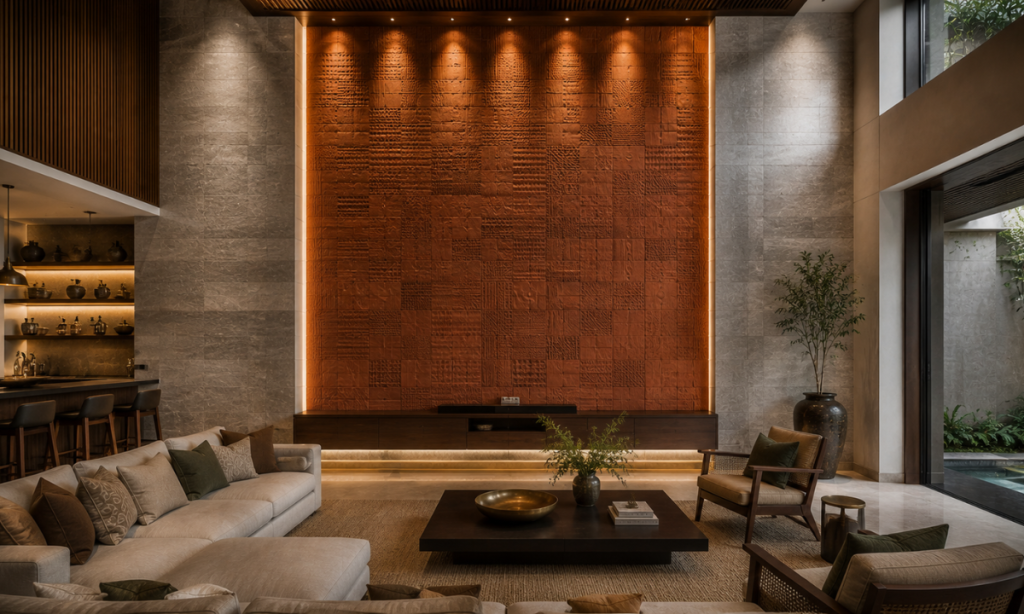Terracotta wall with travertine slabs
