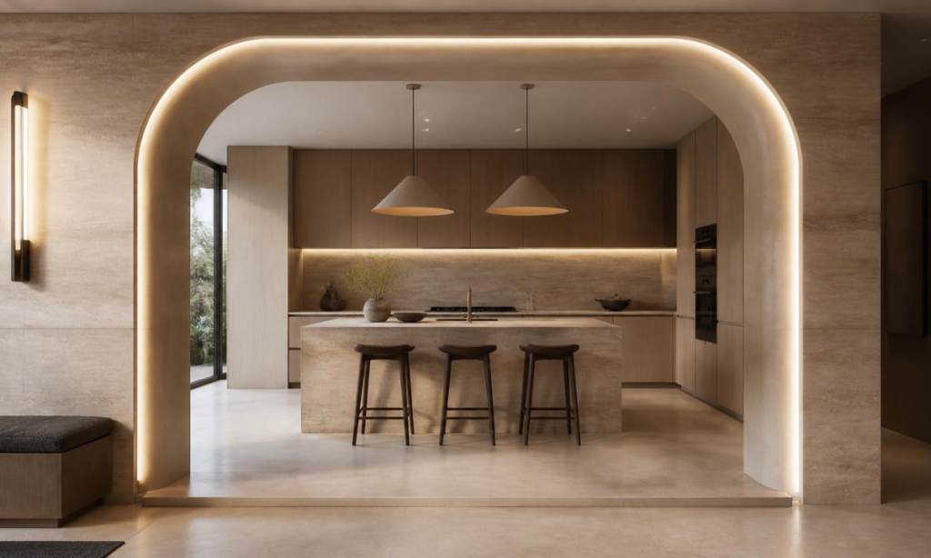 Honed travertine kitchen arch with concealed LED lighting