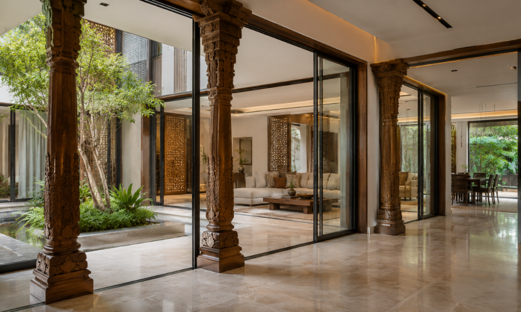 Antique teak pillars with glass partitions