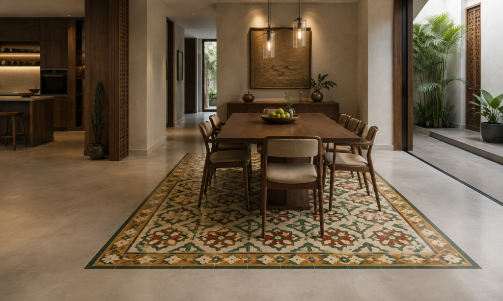 Athangudi tile insets with microcement flooring