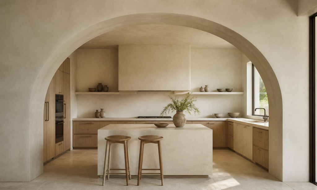 Zero-Reveal Roman Arch with Textured Lime-Wash Plaster