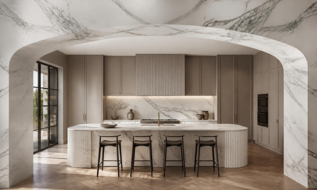Broad segmental kitchen arch with Statuario marble framing