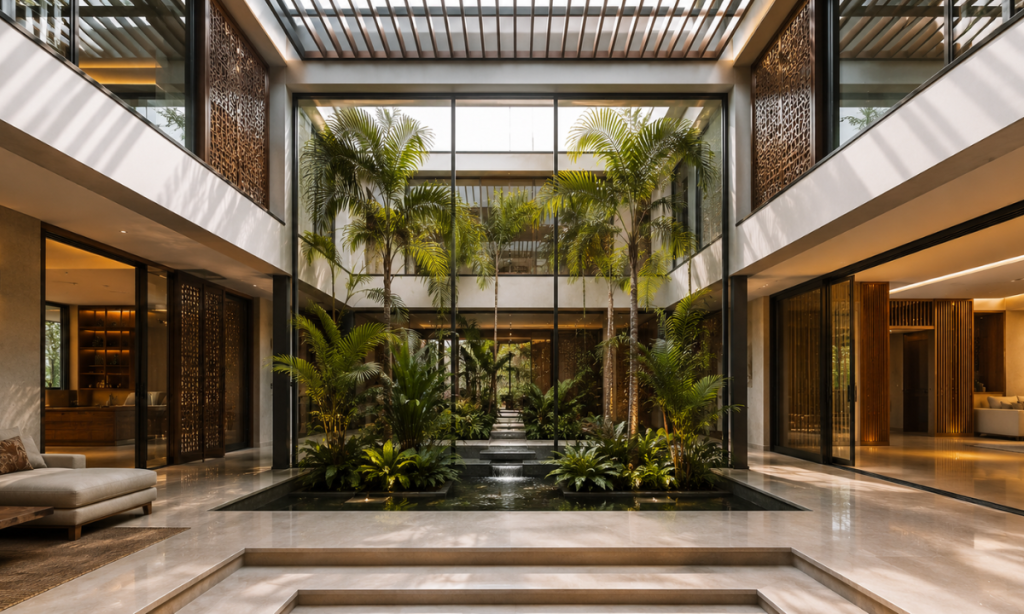 Traditional courtyard with acoustic louvers