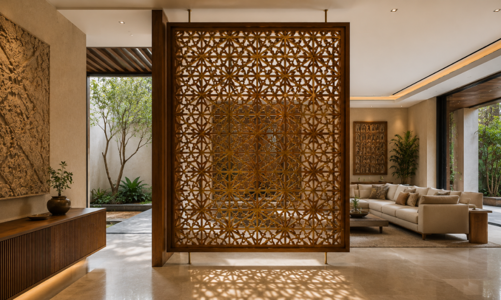 Timber and metal jali screen